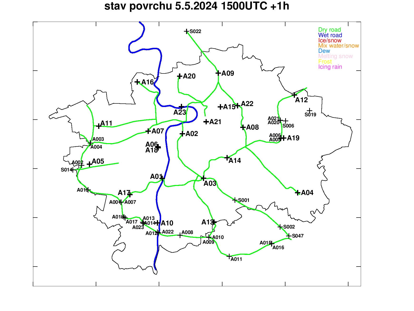 Předpověď stavu povrchu pražských silnic +1h