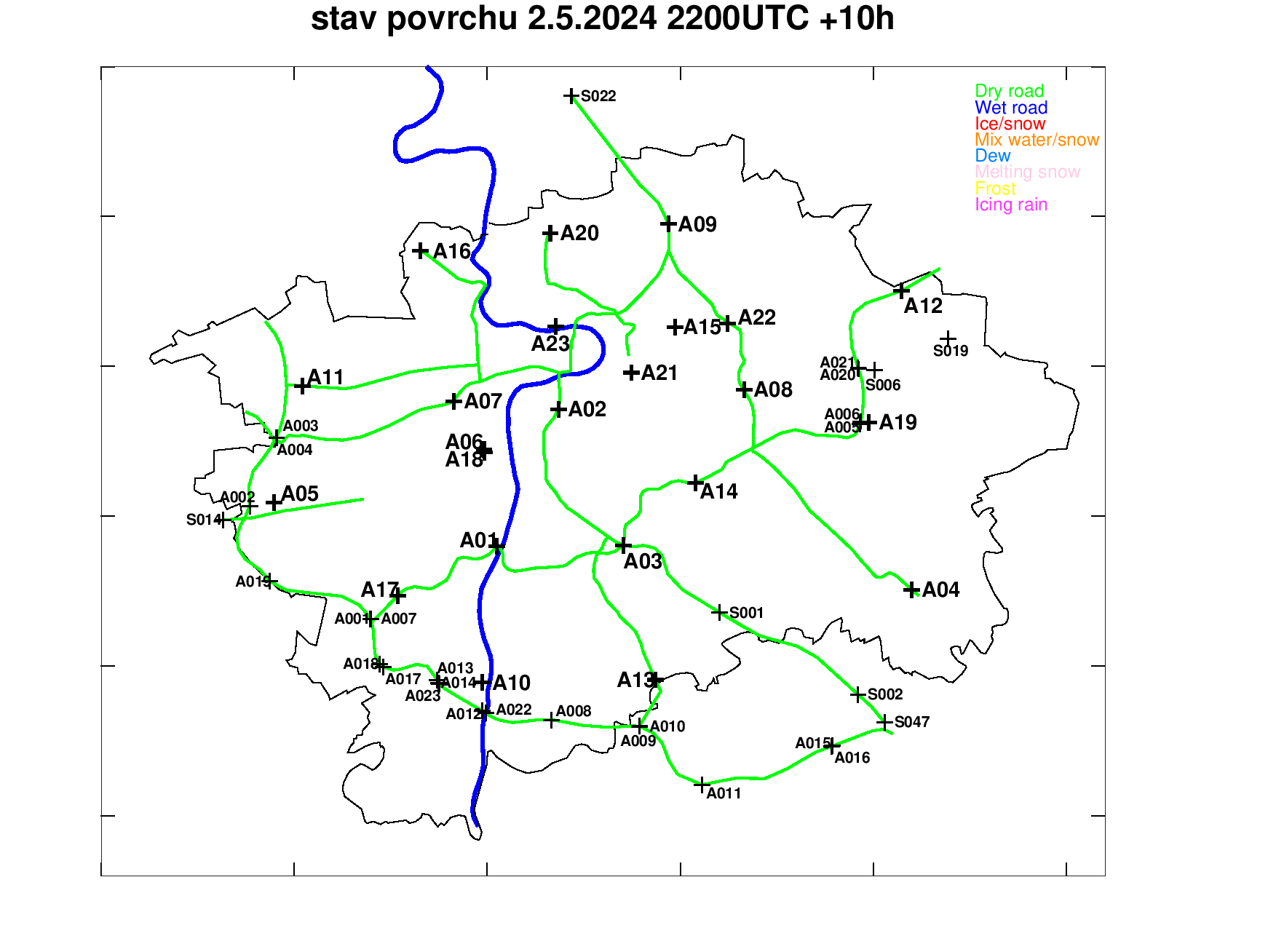 Předpověď stavu povrchu pražských silnic +10h