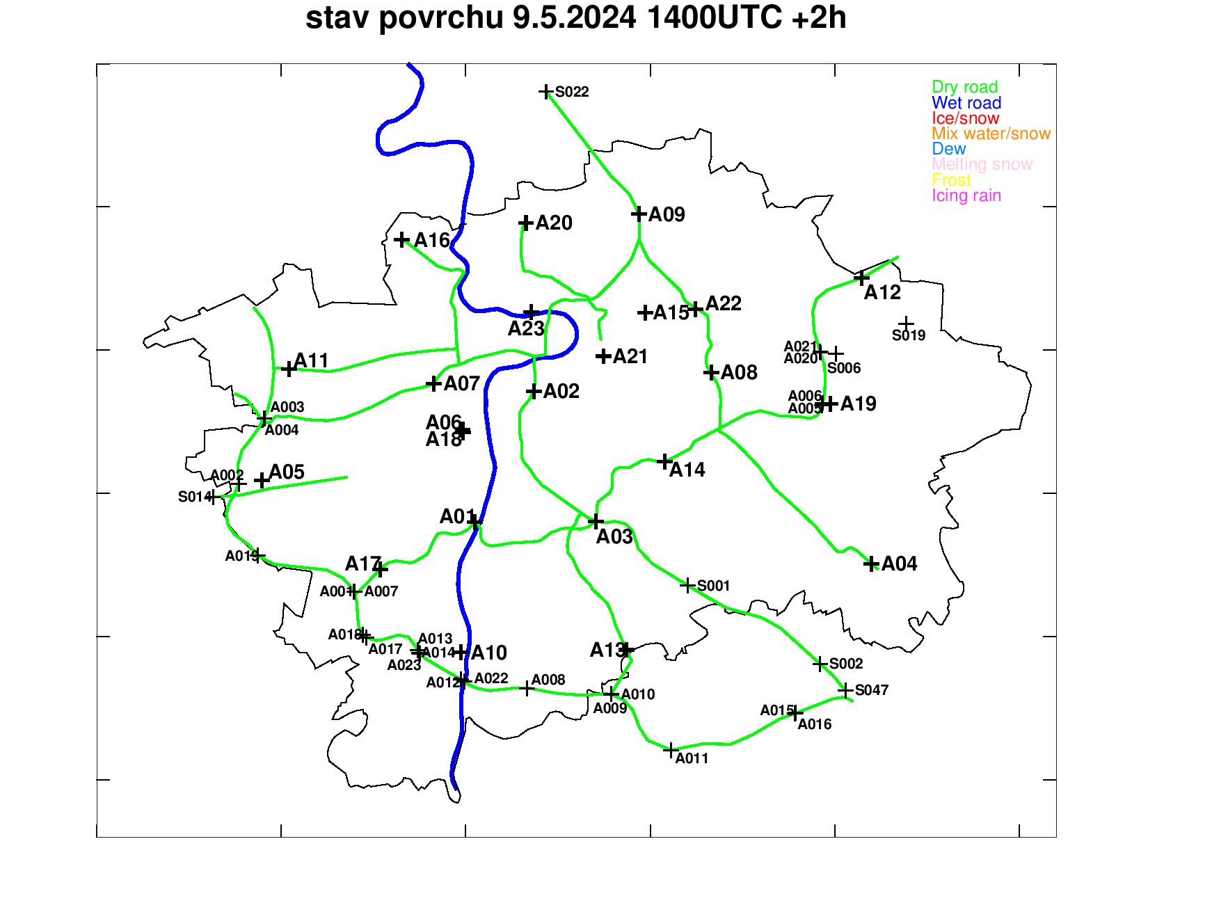 Předpověď stavu povrchu pražských silnic +2h