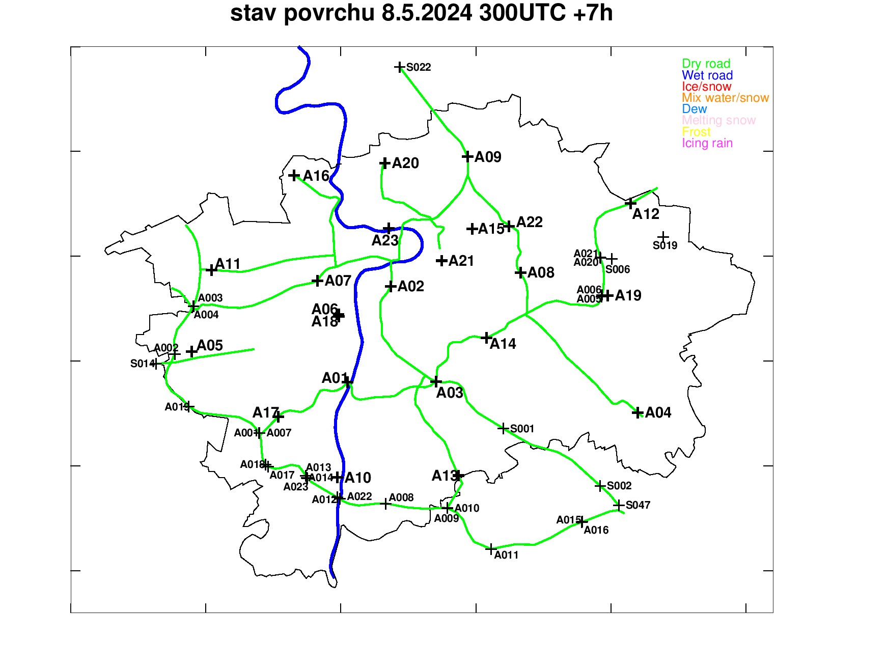 Road surface condition forecast for Pragu +7h
