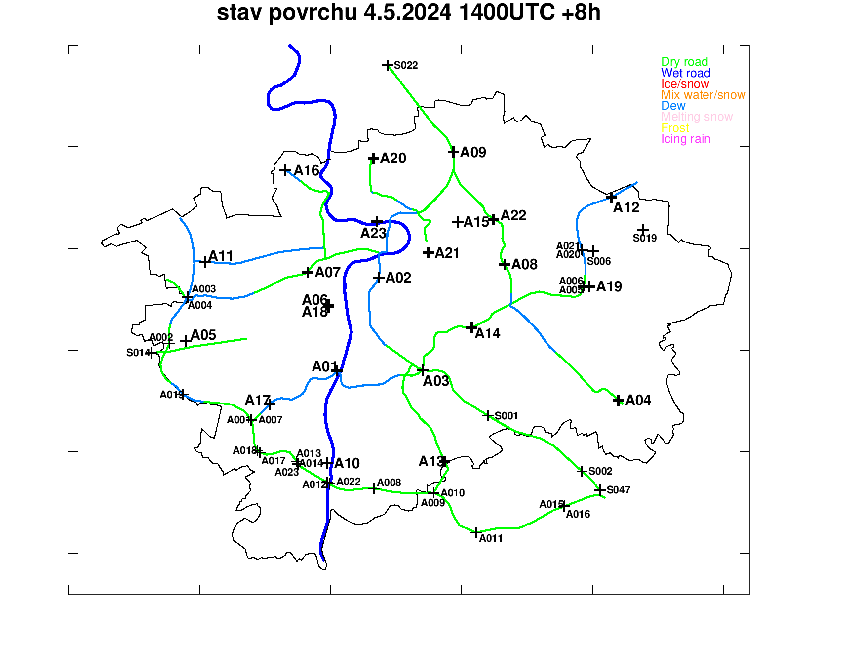 Road surface condition forecast for Pragu +8h