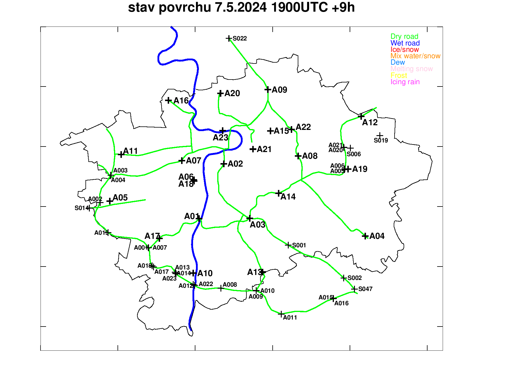 Road surface condition forecast for Pragu +9h